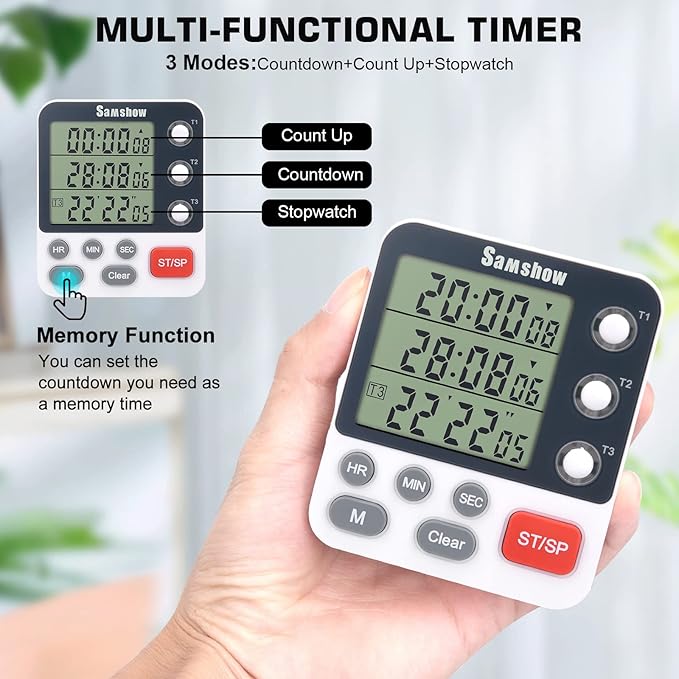 Digital Dual Kitchen Timmers 3 Channels Count UP/Down Timer Cooking Timers Large Display Triple Timmer Magnetic Stopwatch Timer-timers for Classroom Kid Adjustable Volume Loud Alarm(Battery Included)