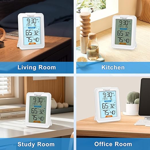 Geevon Digital Hygrometer Indoor Outdoor Thermometer Wireless with Clock, Backlight Temperature Gauge Humidity Monitor, Inside Outside Thermometer with 200ft/60m Range Remote Sensor,White