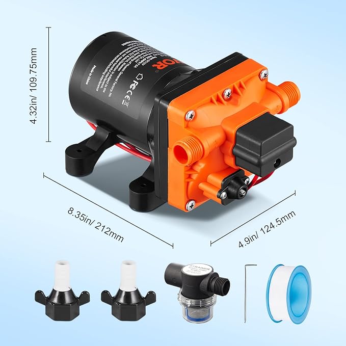 VEVOR 12V Diaphragm Pump, 3.5 GPM Flow, Self Priming Water Pump with Pressure Switch, 40-80 PSI Adjustable, Overload Protection, Sealing Tape, 1/2" MNPT, for RV Boat Agricultural and Garden Irrigation