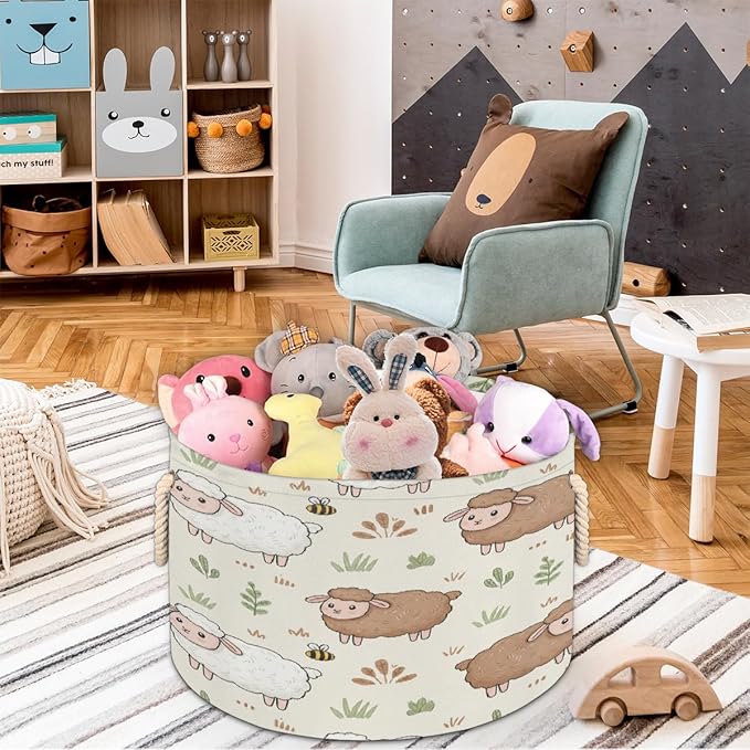 Large Storage Baskets - Farm Animal Sheep Nursery Round Organizer Bin Box, Collapsible Laundry Hamper for Kids Toys, Blanket, Bedroom Living Room Home Decor, Gift Basket, 19.4"x13.3"