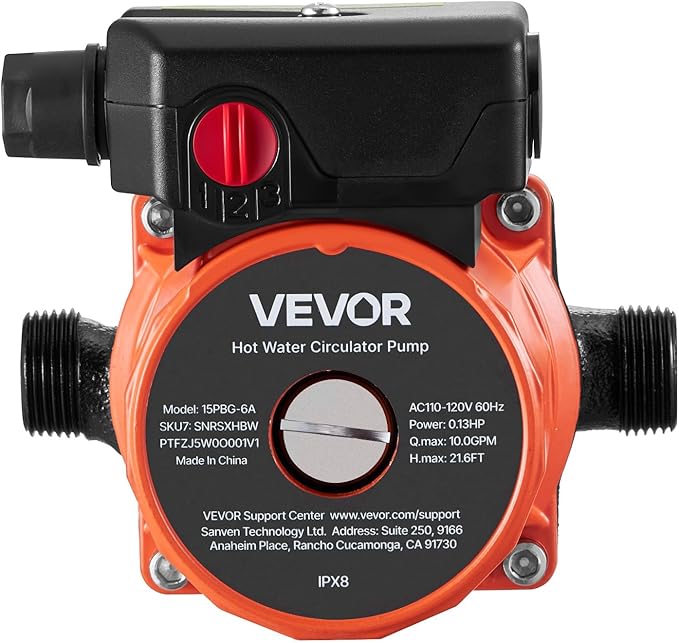 VEVOR Hot Water Recirculating Pump, 10 GPM, Instant Circulation Circulator Pump System, 3-Speed Control, 0.13 HP, 110-120V, NPT 3/4 in to NPT 1/2 in Adapter, Cast Iron Head, for Water Heater System