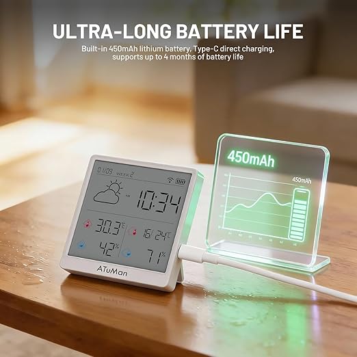ATuMan TH3 Smart Thermometer Hygrometer - WiFi Enabled Indoor/Outdoor Temperature Humidity Monitor, 4.3'' Large LCD, Auto-Time Calibration, Type-C, High Precision Sensor for Home, Office, Greenhouse