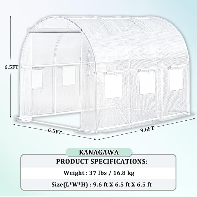 KANAGAWA 10'x7'x 7' Walk-in Tunnel Greenhouse with Watering System Heavy Duty Portable Green House Protect Gardening Plants 1 Zipper Mesh Door, 6 Roll-up Windows, Thickened galvanised Steel,White