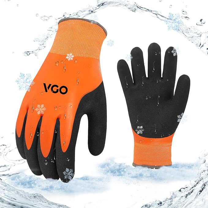 Vgo... 0°C/32°F Winter Double Lined Work Gloves for Men,Cold Storage,Freezer Use,Rubber Latex Coated,Touchscreen(M,Orange,RB2172FL)