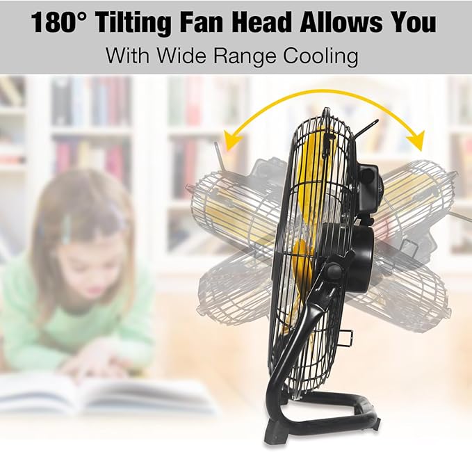 12 Inch Portable Metal Floor Fan, 3 Speed Table and Shop Fans with 180° Tilt, Quiet and Durable, High Velocity Fan 1600 CFM, Ideal for Bedroom, Garage, Workshop