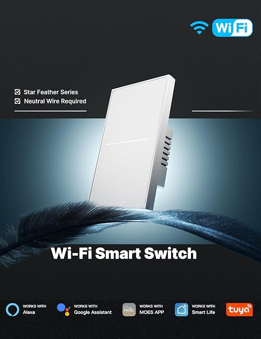 MOES Full Touch Smart Switch, SF(Star Feather 2026 Version) Wall Light Switch, Neutral Wire Required, Anti-Glare Panel, 2.4GHz WiFi Work with Smart Life/Tuya App, Alexa and Google Home White 2 Gang