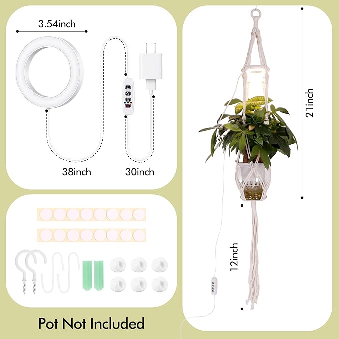 Hanging Plant Grow Lights for Indoor Plants with Timer, Wall Mounted Full Spectrum Pendant Growing Light with Macrame Plant Hanger, Ceiling LED Planta Luz for Potted Plants Home Decor(2 Pack)