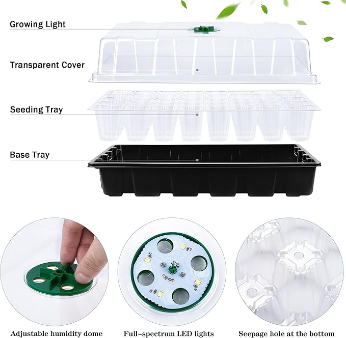 Hahood 3 Pack Seed Starter Tray Kit with Grow Light Germination Trays with Humidity Dome, 120 Peat Pellets, Gardening Tools, Plant Labels, Plant Growing Trays for Seeds Growing Starting, Black