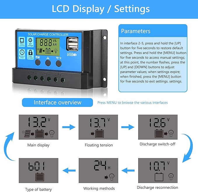 30A Solar Charge Controller, 12V/24V Dual USB Solar Panel Battery Intelligent Regulator with LCD Display, PWM Auto Parameter Adjustable, Timer Setting, Multiple Load Control Modes