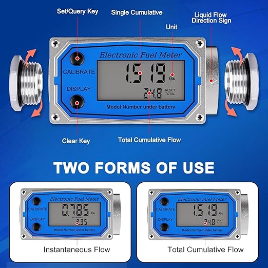 Flow Meter 3/4 Inche Digital Turbine Fuel Meter - Flowmeter Auto On & Off Industry Grade Aluminum Alloy - for Water, Diesel, Gasoline Supports Gallon, QTS, PTS, L, m³ (3/4 inch)