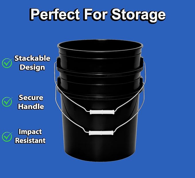 MKS Plastics 5-Gallon Bucket Only – No Lid Included, Made in USA, Food Grade BPA Free Plastic, Heavy Duty Multi-Use, Metal Handle with Grip, Stackable Storage – Black, 1 Pack