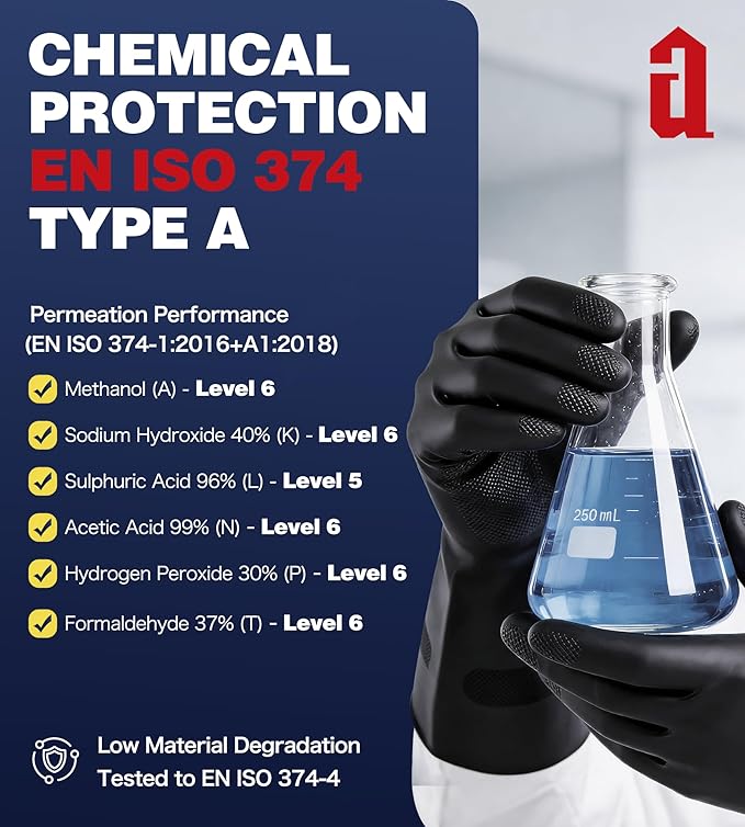 AnTools Heavy Duty Rubber Safety Work Gloves, Chemical Resistant Latex Gloves for Cleaning, Acid & Alkali Protection, Hazmat Use, Black, Large