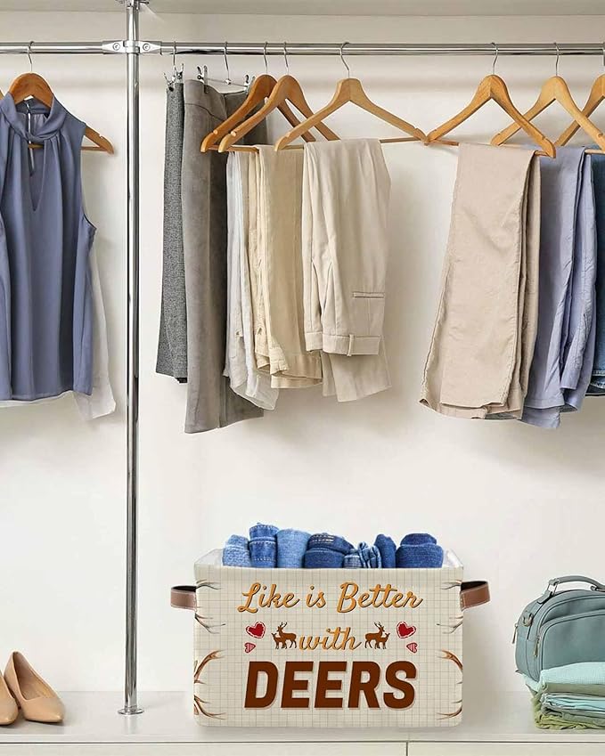 Deer Storage Bins Cubes Waterproof Cloth Storage Basket,Wildlife Animals Rustic Farmhouse Country Nature Elk Foldable Storage Bags for Shelf Clothes Storages Organizers with Handles 15x11x9.5 in 1PCS