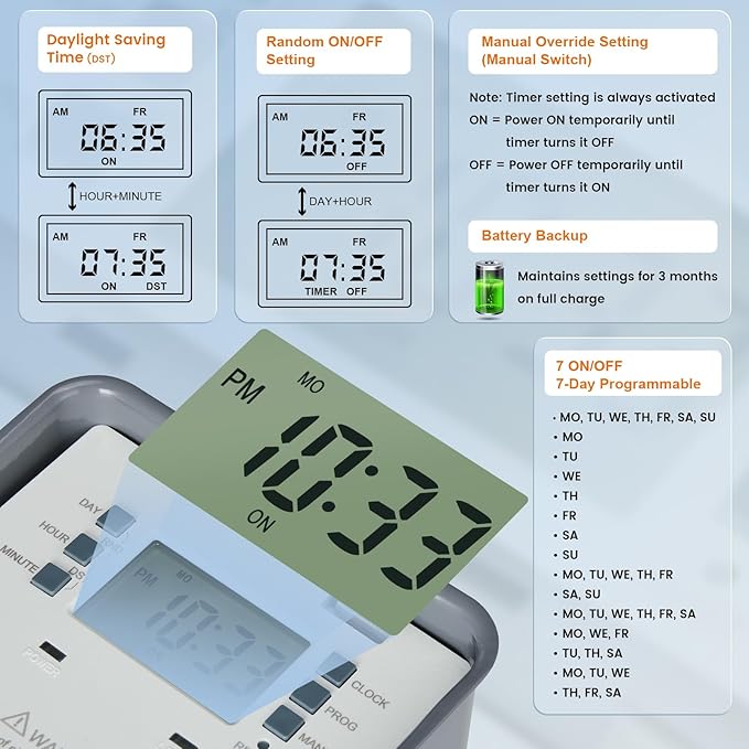 Suraielec Pool Timer, 7-Day 24-Hour Digital Pool Pump Timer, 40 AMP Heavy Duty, 120/240/277 VAC, Outdoor Metal Casing, Electric Switch Box for Swimming Pump, Hot Water Heater, Spa, Lights