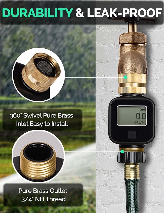 MOES Water Flow Meter with Brass Inlet & Outlet Metal Thread, Measure Gallon/Liter Consumption and Flow Rate for RV Water Tank Filling, Outdoor Garden Hose Watering, Lawn Sprinkler and Nozzle Sprayer