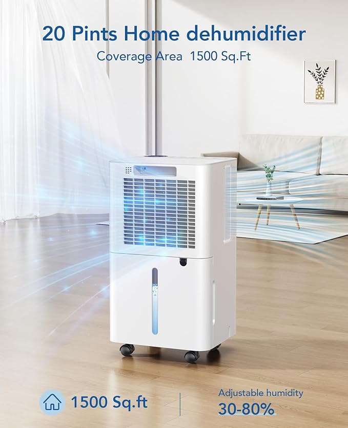 1500 Sq.Ft Dehumidifier for Basement with Drain Hose, 20 Pints Dehumidifiers for Home Large Room Bathroom Bedroom, 3 Modes, Smart Humidity Control, Sleep Mode, Auto Defrost, 24H Timer