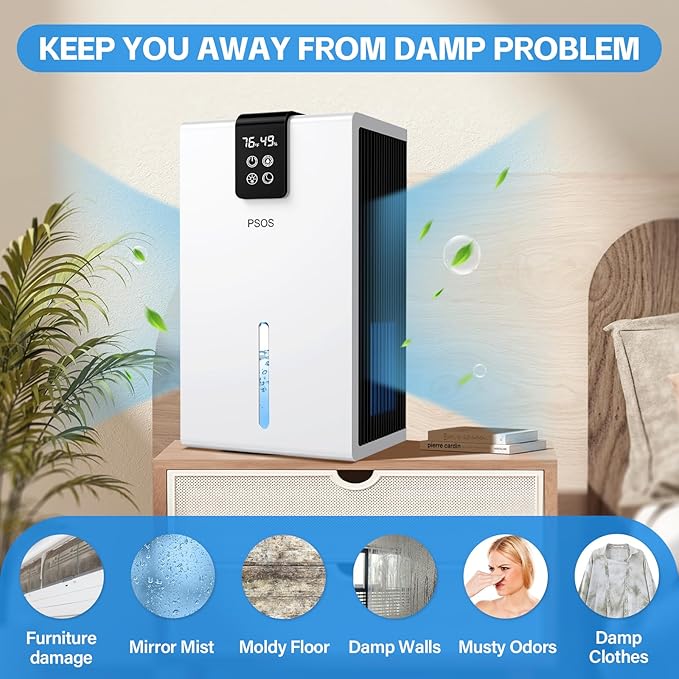 PSOS Dehumidifier, Dehumidifiers for Home, 98 OZ Water Tank, (1000 sq.ft) Quiet Dehumidifier for Basement Bathroom Bedroom with Humidity Display, Auto Shut Off, Relaxing 7 Color Ambient Light(White)
