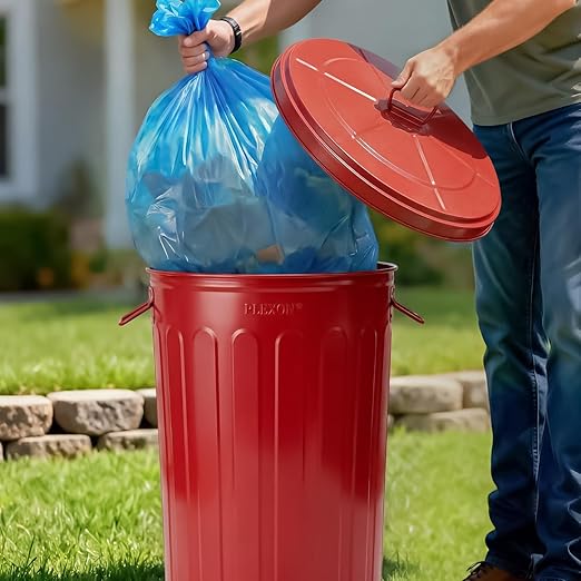 Plexon 20 Gallon Metal Trash Can with Lid Outdoor Large Trash Bin Steel Garbage Can for Garage Patio Farmhouse Bucket Bird Seed Storage Can Heavy Duty Round Container, Red 6 Pack