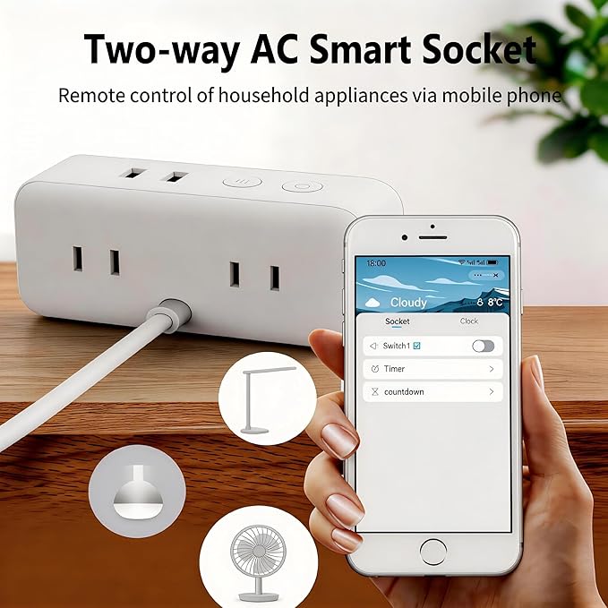 Smart Wifi Alarm Clock with Timer, USB 2A+1C Fast Charging, 2AC Smart Port, App Remote Control, Digital LED Large Screen Power-off Countdown Timer, Snooze Alarm, Time, Weather and Temperature Display