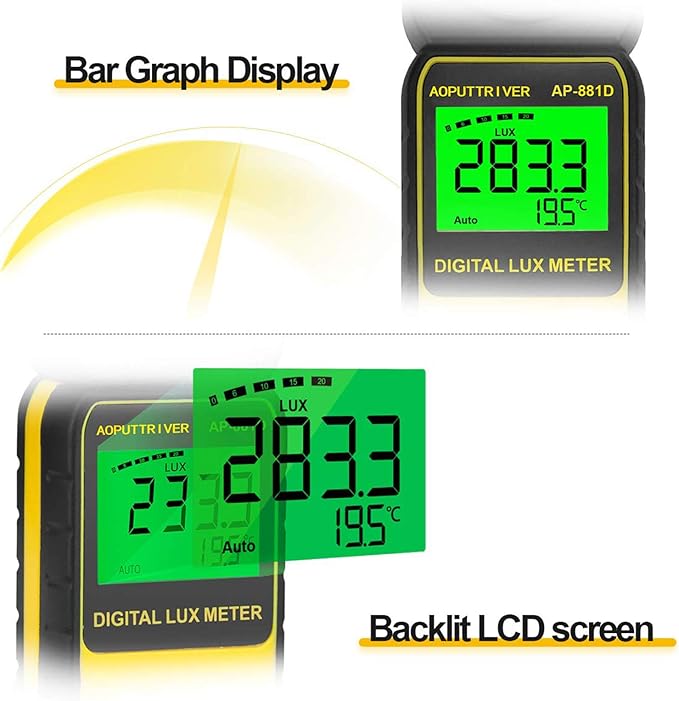 Light Meters, AP-881D Lux Meter with Ambient Temperature（℃/℉）Measurer Light 0.01~400,000 Lux (0.01~40,000 FC), Luxmeter with 270º Rotated Sensor, Back Light, Data storag for Plants LED Indoor Lights
