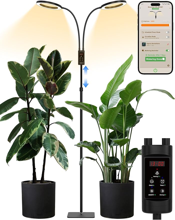 GLOWRIUM Smart Grow Lights for Indoor Plants, 48W Full Spectrum Plant Lights with Bluetooth App, Adjustable Height 47-70.9", Auto Timer, Indoor Plant Lamp for Large Tall Plants（Black 48W）