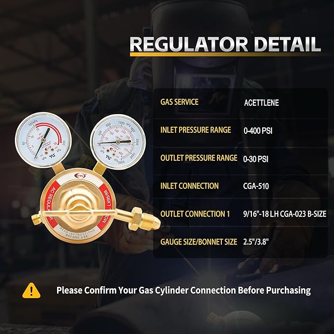 CDL LX95 Extra Heavy Duty Acetylene Regulator CGA510,Forged Brass,Large Tank Gauge Cutting Torch Regulator,0-400PSI Inlet,0-30PSI Outlet