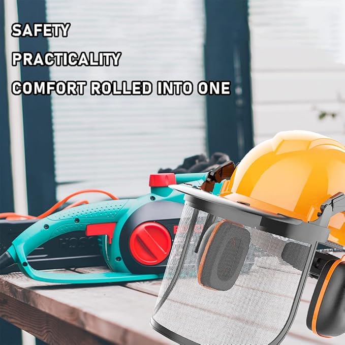GardenPal Industrial Forestry Safety Helmet and Hearing Protection System, with Mesh Face Protection, Safety Helmet with Ear Muffs, Chainsaw Helmet, Chainsaw Face Shield, (Orange)