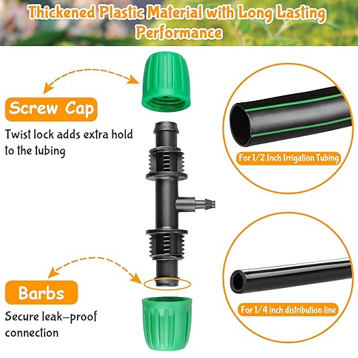 Gardrip 12 Pack Drip Irrigation Fittings for 1/2 Inch to 1/4 Inch Tubing Reducing Tee：1/2" (1/2" ID x 0.65" OD) to 1/4" Drip Line Anti-drop Locked Nut Barbed Reducer Tee Connectors