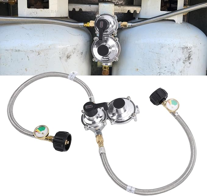 RV Gas Regulator, 2 Stage Auto Changeover LP Gas Regulator with Pressure Meter and 18in Hose, for RVs Trailers Trucks