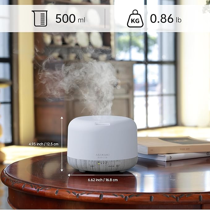 ASAKUKI Essential Oil Diffuser for Home, 500ML Aromatherapy Diffuser Humidifier with Remote Control, 7 Color LED Lights, Quiet Cool Mist Diffuser for Bedroom, Office, Gift for Mom (White)