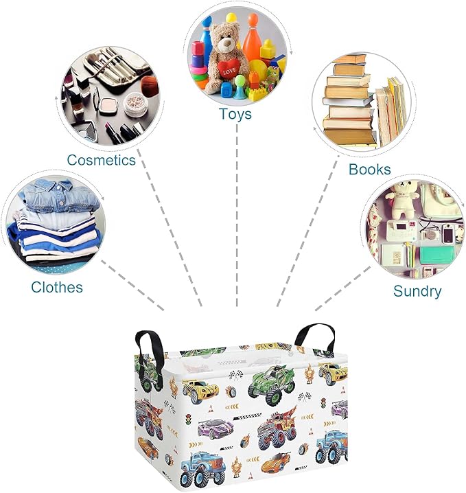 FANKANG Rectangular Monster Truck Basket Storage Bins,Nursery Hamper Canvas Laundry Basket Foldable with Waterproof PE Coating for Kids, Office, Bedroom, Clothes,Toys(Rec-Monster Truck
