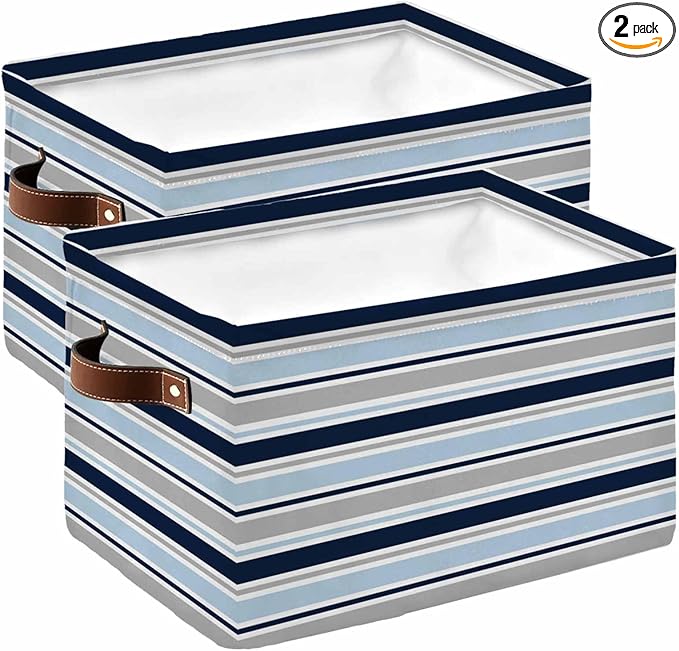 Navy Blue Gray Striped Storage Bins Cubes Waterproof Cloth Storage Basket,Farmhouse Stripes Modern Abstract Art Foldable Storage Bags for Shelf Storages Organizers with Handles 15x11x9.5 in 2PCS