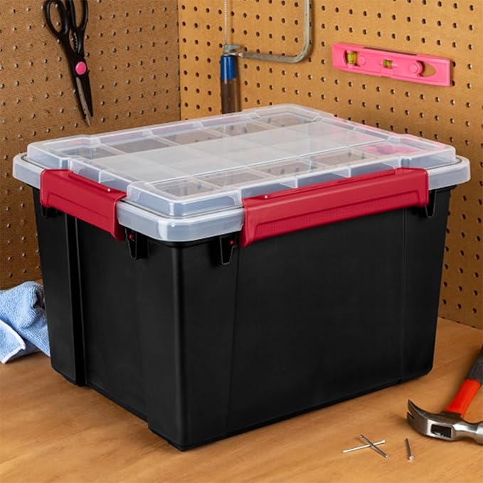 Sterilite 4 Pack Gasket Box, Stackable Plastic 8.5 Gallon Storage Container with Lids, Black - Waterproof and Dustproof Tote for Home Organization