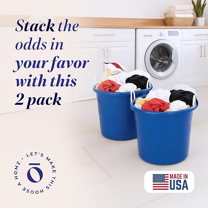 HOMZ 2-Pack Utility Tub, Large Plastic Storage Bucket with Rope Handles, 18 Gallon, Blue - Portable Indoor and Outdoor Buckets for Kitchen, Laundry, Garden, Bathroom, and Garage Organization