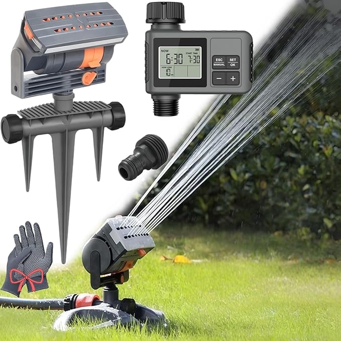 16-Nozzle Oscillating Sprinkler with Dual-Zone Sprinkler Water Timer, Sprinklers for Yard, Heavy Duty Automatic Lawn Garden Irrigation System (B-with Water time)