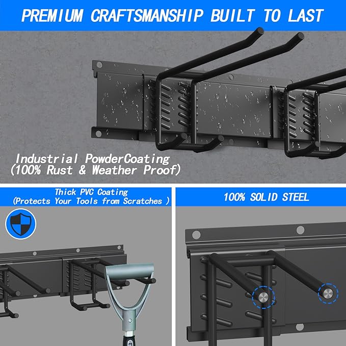 CBWLWJ 64'' Garage Tool Organizer Wall Mount - Heavy Duty 680 lbs Capacity Tool Rack with 10 Adjustable Hooks, Wall Mounted Storage System for Garage, Shed, Workshop (Black)