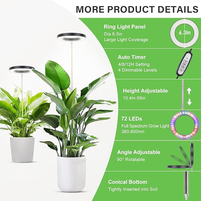 LBW Plant Grow Light, 72 LEDs Full Spectrum Grow Lights for Indoor Plants, Brightness Adjustable Plant Light with Auto 4/8/12H Timer, 10.4”-59” Height Adjustable, Ideal for Large Tall Plants, Black