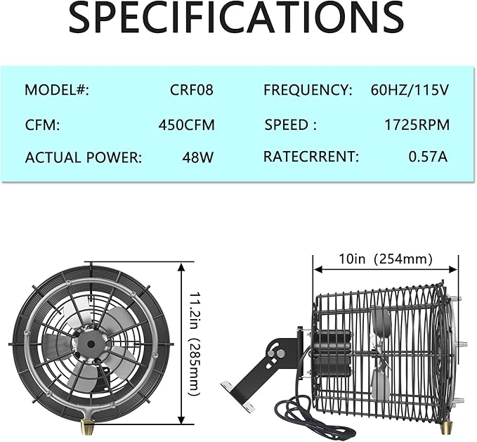 Greenhouse Air Circulation Fan with Mist and Water Pipe 1/80 HP 115V Ceiling Wall Mount Fan High Speed Circulation for Greenhouse, Warehouse, Patio, Garage 450CFM, 12000BTU, ETL Listed