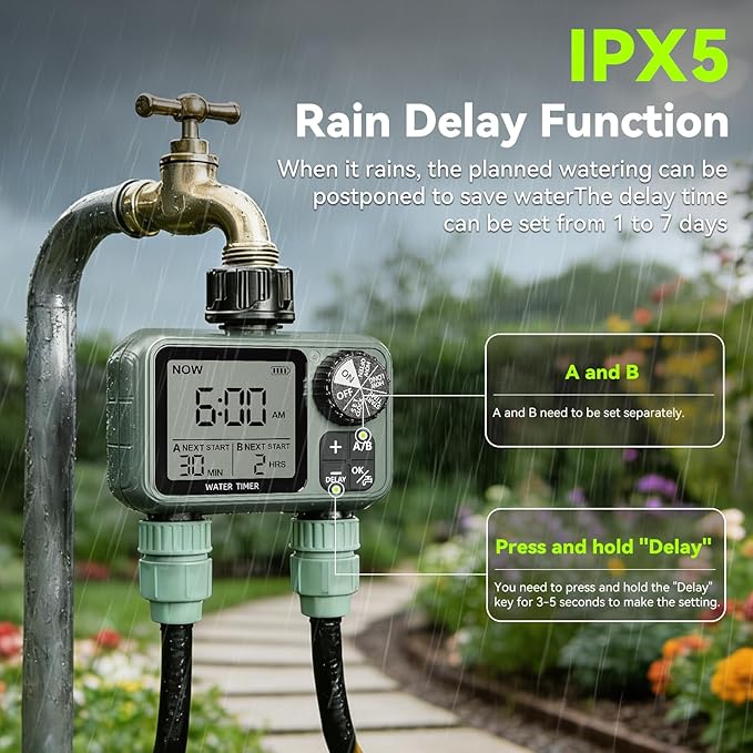 CMARS 2 Zone Sprinkler Timer for Garden Hose – Features Rain Delay, Manual & Automatic Modes, Brass Inlet, Dual Outlet Design, Programmable Watering & Drip Irrigation Ready for Lawn Yard