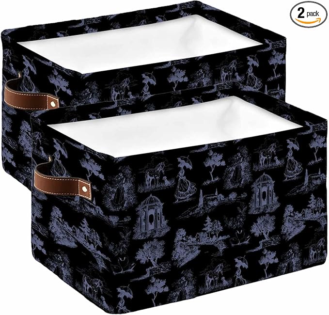 Farmhouse Country Storage Bins Cubes Waterproof Cloth Storage Basket, Vintage Black French Garden Horse Swan Foldable Storage Bags for Shelf Closet Clothes Organizers with Handles 15x11x9.5 in 2PCS