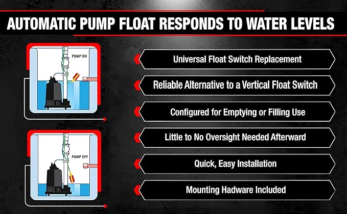 Float Switch for Sump Pump - 6-Foot Water Level Sensor with Honeywell Microswitch and Adjustable Tether Length for Ground Water Bilge Pump and Water Tank – Non-Corrosive PP Casing, Rated to 13 Amps