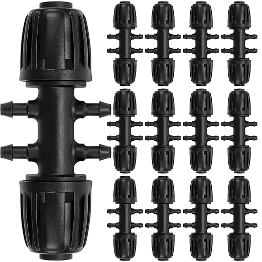 12 Pcs 1/2 inch to 1/4 inch Drip Irrigation Tubing Fittings, 1/2" Drip Tubing (1/2" ID x 0.65" OD) to 4 Way 1/4" Irrigation Tubing Locked Barbed Reducing Tee Connectors for Garden Systems