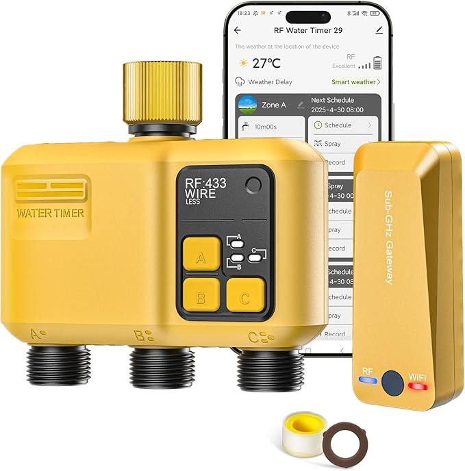 WiFi Water Timer 3 Zone for Garden Hose, Smart Sprinkler Timer with 984ft RF Range, Brass Inlet, APP/Voice Control, Rain Delay, Automatic/Manual Irrigation
