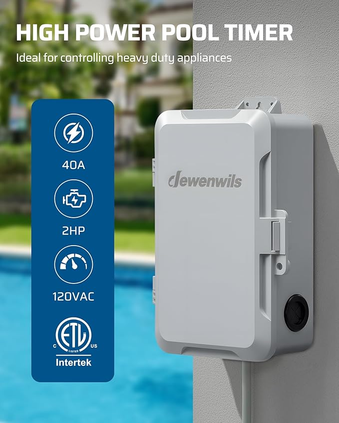DEWENWILS Pool Pump Timer, Outdoor Digital Timer Box, 2HP 40A 120VAC, 7-Day 12 ON/Off Programmable Timer Switch for Pool Pump, Water Heater, Pool Filter, Landscape Lights, ETL Listed