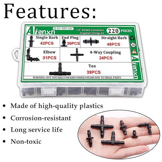 220PCS 1/4" Drip Irrigation Kit Barbed Connectors, Straight Barb, Tee, Single Barb, End Plug, Elbow, 4 Way Coupling Irrigation Fittings for Garden Lawn Flower Pot