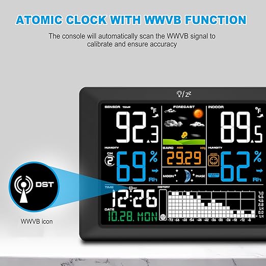 Urageuxy Wireless Weather Station with Indoor Outdoor Thermometer, Atomic Clock, 8.3" Large Color Display, Barometric Pressure Monitor, Forecast, 328ft Range for Home, Patio, RV, Garage