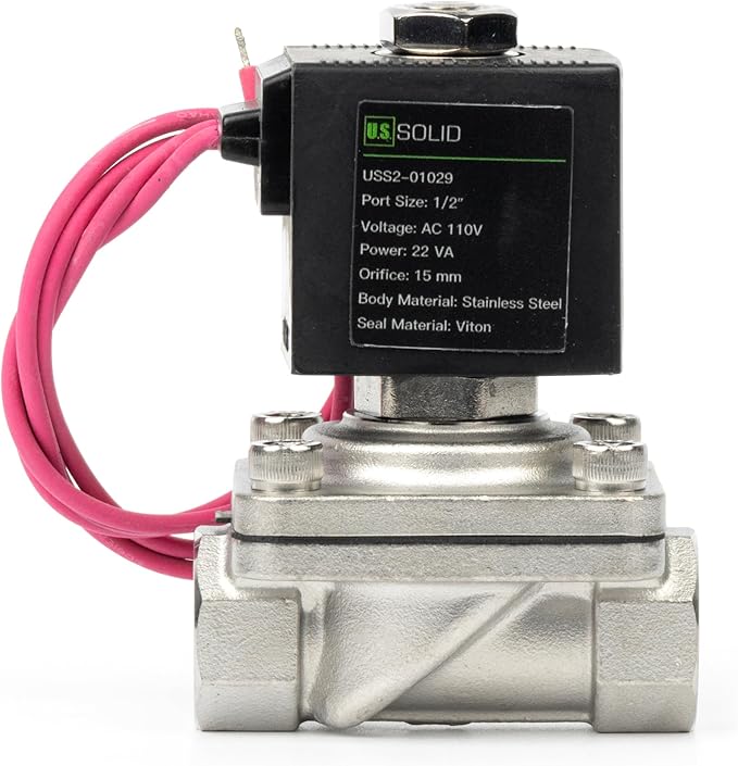 U.S. Solid 1/2" Stainless Steel Solenoid Valve - 110V AC Normally Closed Electric Solenoid Valve with Viton Seal, Lead Wire Type