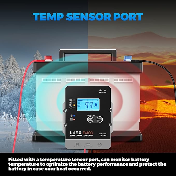 LNEX Solar Charge Controller Waterproof, 10A Super Thin Panel Battery Intelligent Regulator With LCD Display 12V/24V PWM Controller for LiFePO4, AGM, Gel, Flooded and Lithium Battery