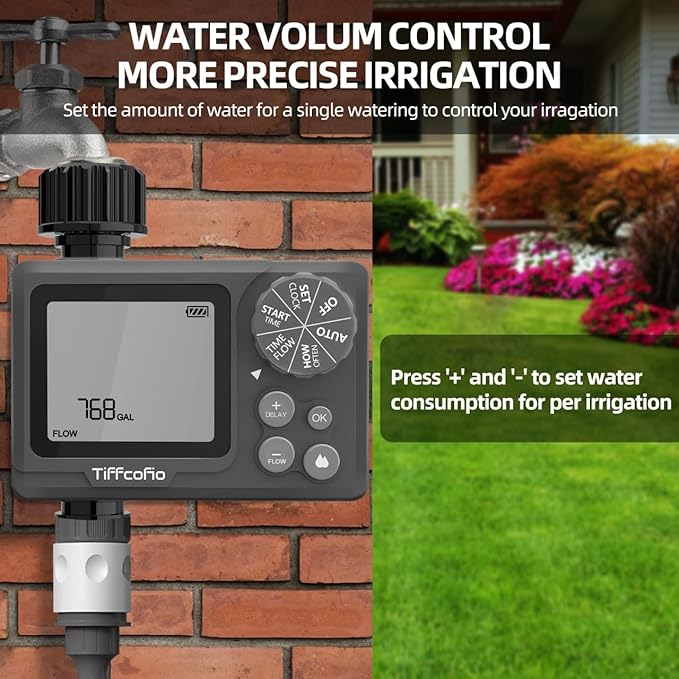 New Programmable Water Volume Control Sprinkler Timer, Water Duration Control Hose Timer with Water Meter, Auto and Manual Watering for Irrigation, Garden and Drip System (1 Pack)