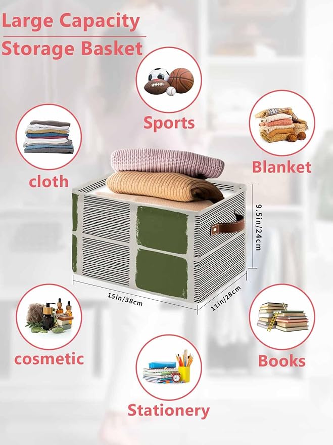 Sage Green Storage Bins Cubes Waterproof Cloth Storage Basket,Modern Painting Farmhouse Striped Abstract Art Foldable Storage Bags for Shelf Clothes Storages Organizers with Handles 15x11x9.5 in 2PCS